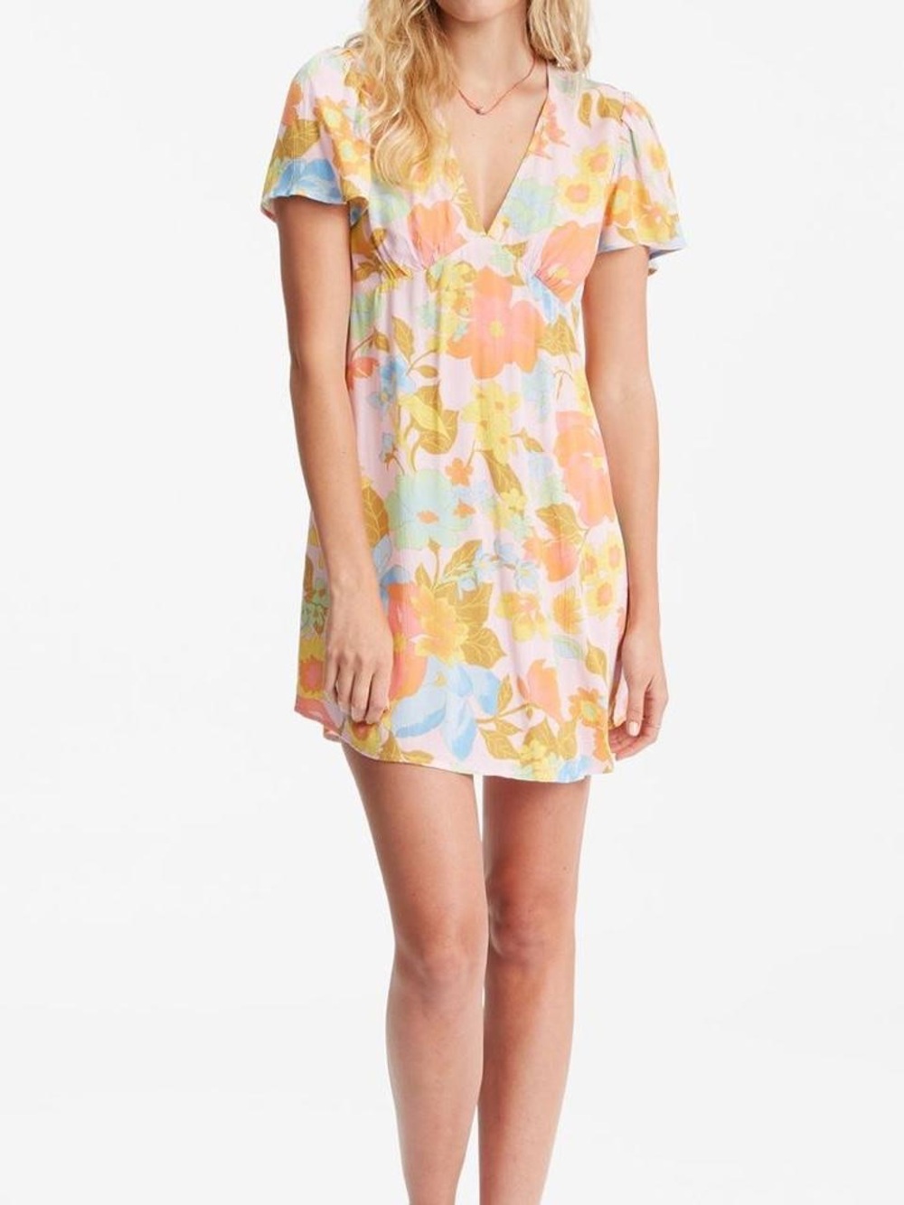 Billabong Pastel Floral V-Neck Mini Dress in Pink, Yellow, Blue